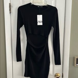 ZARA RIBBED LONG SLEEVE CUT OUT AT WAIST DRESS SIZE L NWT